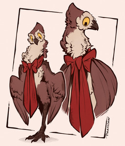 ambiguous_gender anthro beak biped brown_body brown_feathers eyewear feathered_wings feathers feet geometric_background glasses mostly_nude_ambiguous mostly_nude_anthro neck_bow no_sclera red_bow simple_background small_glasses solo talons toes wearing_glasses winged_arms wings yellow_eyes daarclaw avian bird absurd_res hi_res signature