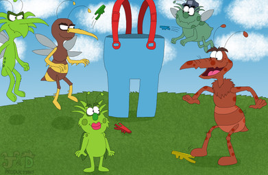1_toe 2_toes 4_fingers antennae_(anatomy) anthro arthropod_abdomen beak biped black_eyebrows black_eyes blue_sky board_game brown_body brown_eyebrows brown_skin cloud cloudy_sky eyebrows featureless_feet feet female fingers floating_eyebrows flying grass green_body green_skin group insect_wings lines_drawn logo male mascot motion_lines nude open_beak open_mouth outside plant playing_board_game shadow sky standing stripes thick_eyebrows toes toony white_sclera wings yellow_stripes justinanddennis_(artist) ants_in_the_pants hasbro raid_(brand) fan_character raid_bugs ant arthropod blattodean cockroach fly_(animal) hymenopteran insect mosquito wasp 2023 artist_logo colored digital_drawing_(artwork) digital_media_(artwork) flat_colors hi_res