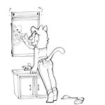 anthro bathroom_sink clothed clothing female flip_flops footwear light looking_at_self mirror open_mouth sandals shoes simple_background socks solo tail tongue tongue_out creator_ant amy_(creator_ant) domestic_cat felid feline felis mammal 1:1 black_and_white hi_res monochrome