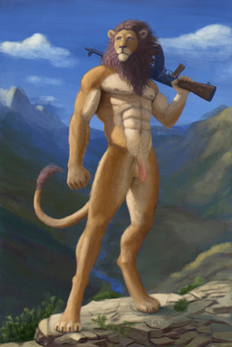 abs anthro balls claws cloud cloudy_sky day detailed_background ears_up flaccid foreskin fur genitals gun holding_gun holding_object holding_ranged_weapon holding_weapon humanoid_genitalia humanoid_penis inner_ear_fluff landscape light looking_away male mane mountain muscular muscular_anthro muscular_male navel nipples noon nude partially_retracted_foreskin penis plant proud pubes ranged_weapon rock sky solo standing sunlight tail tail_tuft tuft weapon wind yellow_body yellow_fur evk felid lion mammal pantherine absurd_res hi_res