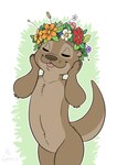 accessory ambiguous_gender anthro biped blep brown_body brown_fur brown_nose eyes_closed floral flower flower_crown flower_garland fur garland head_wreath nude plant simple_background solo standing tongue tongue_out nikraccoom mammal mustelid otter 2021 digital_media_(artwork) hi_res