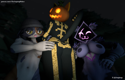 anthro armor beanie big_breasts big_butt black_beanie black_body black_clothing black_hat black_headwear breasts butt clothing feathers female female/female food for_a_head forest forest_background fruit fur gauntlets gloves glowing glowing_face golden_body group hand_on_butt hand_on_hip handwear hat headgear headwear hoodie looking_at_viewer low_light multicolored_body natural_breasts nature nature_background night nipples orange_eyes plant pumpkin pumpkin_head purple_body purple_clothing purple_eyes purple_hoodie purple_nipples purple_topwear smile smiling_at_viewer tail text thick_thighs topwear tree trio vegetable wide_hips yellow_eyes 5naptrap epic_games fortnite fortnite:_battle_royale patreon meow_skulls raven_team_leader spice_(fortnite) animate_inanimate bear calico_cat domestic_cat elemental_creature felid feline felis flora_fauna food_creature living_vegetable mammal object_head 3d_(artwork) digital_media_(artwork) hi_res source_filmmaker_(artwork) url