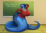 apode big_breasts blue_body blue_scales breasts chalkboard clothing female huge_breasts information_board legless non-mammal_breasts pose scales solo thick_thighs wide_hips 09hankris badgerben cobra reptile scalie snake 2019 absurd_res hi_res