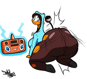 anthro ass_clapping big_breasts big_butt blue_eyes boombox breasts brown_body brown_fur brown_hair bubble_butt butt butt_focus duo eyelashes eyewear female fur hair huge_breasts huge_butt logo long_hair long_tail looking_back male male/female pokemorph sunglasses tail text twerking wet wet_body yellow_body yellow_fur tansau nintendo pokemon penelope_and_katelyn_(nahff) generation_2_pokemon girafarig giraffid mammal pokemon_(species) 2025 artist_logo artist_name digital_drawing_(artwork) digital_media_(artwork) signature