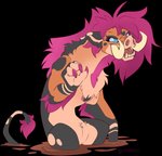 alternate_species anthro brown_body claws female heart_(marking) mane markings mud open_mouth pink_claws pink_mane simple_background sitting solo transparent_background tusks feardakez billie_corneja mammal suid suine sus_(pig) wild_boar 2020 alpha_channel hi_res