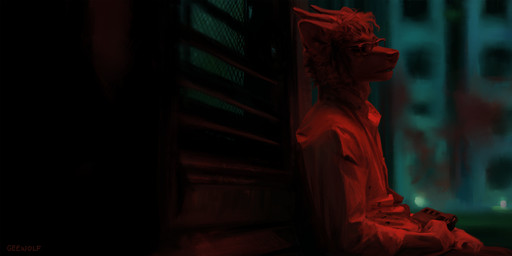anthro blood blood_on_shirt blurred_background bodily_fluids clothing eyewear glasses gun handgun horn male pistol ranged_weapon red_light sitting solo suit weapon wounded geewolf altered_carbon canid canine canis hybrid mammal wolf 2025 digital_media_(artwork) hi_res signature