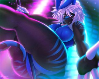 anthro bedroom_eyes breasts dancing fake_ears fake_rabbit_ears female muscular muscular_anthro muscular_female narrowed_eyes nightclub pole seductive solo spotlight stripper_pole ladnelsiya mythology azurite_(xianiq) dinosaur dragon lizard mythological_creature mythological_scalie prehistoric_species reptile scalie 2022 hi_res