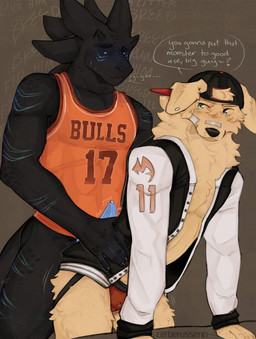 anthro athletic athletic_male backwards_baseball_cap backwards_hat bandage bandage_on_face baseball_cap black_body blonde_hair blue_blush blue_eyes blue_freckles blue_markings blue_penis blush bodily_fluids claws clothing duo ear_piercing facial_markings floppy_ears freckles frottage genital_fluids genitals hair hand_on_hip hat head_markings headgear headwear heart_symbol holding_partner horn internal_dialogue jacket jersey jockstrap letterman_jacket male male/male markings muscular muscular_male nervous number_on_clothing number_on_jersey penile penis penises_touching piercing precum precum_through_clothing precum_through_underwear rubbing scales sex shirt size_difference smile speech_bubble sweat tank_top teal_eyes teasing teasing_with_butt text topwear underwear wet wet_clothing wiggling_hips yellow_body cerberussenn chicago_bulls mythology nba falchion_(cerberussenn) luke_aree_(cerberussenn) bird_dog canid canine canis domestic_dog dragon golden_retriever hunting_dog mammal mythological_creature mythological_scalie retriever scalie absurd_res english_text hi_res signature