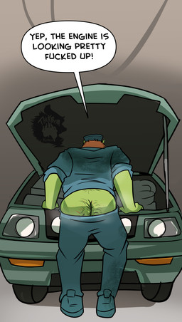 accident accidental_exposure anthro body_hair bottomwear bottomwear_down butt butt_hair car clothed clothing dialogue male male_anthro mechanic musk not_furry pants pants_down partially_clothed profanity simple_background solo text vehicle thekinkybear humanoid orc absurd_res english_text hi_res