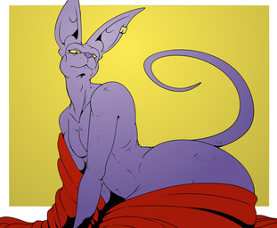 anthro butt ear_piercing fur male mouth_closed navel nude piercing pose purple_body raised_tail solo tail yellow_eyes reagan700 dragon_ball dragon_ball_super beerus felid feline mammal 2026 hi_res