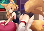 2_tails all_fours blonde_hair blush bookshelf bottomwear breasts butt clothed clothing electronics female fluffy fluffy_tail fur furgonomics furniture green_eyes hair hoodie hotpants inner_ear_fluff inside legwear monitor multi_tail pillow plushie rear_view shorts side_boob solo tail tan_body tan_fur thigh_highs topwear tuft wristband konozawa kokonoe_tsubaki animal_humanoid canid canid_humanoid canine canine_humanoid fox_humanoid humanoid mammal mammal_humanoid 2020