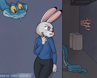 alley anthro blue_body blue_scales bottomwear brick brick_wall carrot clothing fangs female feral food fur grey_body grey_fur long_sleeves male open_mouth pants plant purple_eyes scales shirt teeth text topwear trash_can vegetable wall_(structure) koraru-san disney zootopia gary_de'snake judy_hopps european_rabbit lagomorph leporid mammal oryctolagus pit_viper rabbit reptile scalie snake viper 2025 5:4 artist_name digital_media_(artwork) hi_res