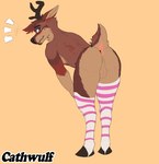 anthro antlers anus balls big_butt butt clothing footwear genitals hooves horn legwear male nude presenting presenting_hindquarters simple_background socks solo stockings tail cathwulf cervine deer mammal