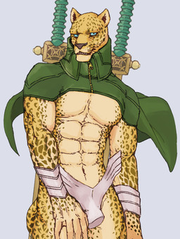 5_fingers abs anthro athletic athletic_anthro athletic_male biped blue_eyes clothed clothing fingers fur grey_background humanoid_hands male markings muscular navel pecs simple_background solo spots spotted_body spotted_fur spotted_markings spotted_tail tail tail_markings 8masa8 atlus megami_tensei sega ose_(megami_tensei) felid leopard mammal pantherine