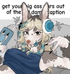 5_fingers anthro big_breasts black_claws black_eyes black_text blonde_hair blue_clothing blue_hair blue_pupils blue_shirt blue_tank_top blue_tongue blue_topwear breasts bridge_piercing caption cellphone claws clothed clothed_anthro clothed_female clothing electronics eyebrows facial_piercing female female_anthro finger_claws fingers fur gesture grey_body grey_ears grey_eyebrows grey_fur grey_hair hair hairless hand_gesture headphones holding_cellphone holding_object holding_phone holding_smartphone lip_piercing lip_ring looking_at_viewer multicolored_body multicolored_fur multicolored_hair multiple_piercings nipple_outline nipple_piercing nipple_piercing_outline nipples no_bra nose_piercing phone piercing pink_nose pupils ring_piercing shirt smartphone snout solo tank_top text thick_eyebrows tongue tongue_out tongue_piercing tongue_stud topwear two_tone_body two_tone_fur v_sign white_body white_fur white_inner_ear raccoattack get_them_bigass_ears_out_of_the_caption canid canine canis chinese_crested_dog domestic_dog hairless_dog mammal toy_dog 2025 english_text meme