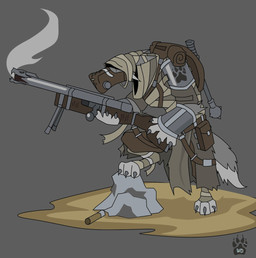 ambiguous_gender anthro armor backpack biped claws clothed clothing club_(weapon) gun melee_weapon paws ranged_weapon solo weapon wolfdawg canid canine mammal 2017