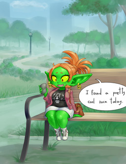 bench big_ears cute_fangs dialogue ear_piercing ear_ring fangs female green_body green_skin holding_rock humanoid_pointy_ears not_furry on_bench open_mouth open_smile outside park park_bench piercing pointy_ears purse red_eyes ring_piercing rock sitting sitting_on_bench smile solo teeth text yellow_sclera mario-grant ms._nasbh'ke_(mario-grant) goblin humanoid 2026 english_text hi_res