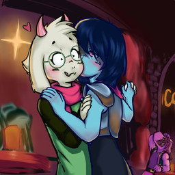 ambiguous_gender anthro blue_body blush clothing duo_focus embarrassed eyewear female fur glasses group hair hand_holding heart_symbol horn kissing_cheek male open_mouth purple_body red_eyes teeth trio waltz_(dance) wearing_glasses darki_llusionist deltarune undertale_(series) kris_dreemurr ralsei susie_(deltarune) bovid caprine darkner goat human mammal reptile scalie 1:1 hi_res