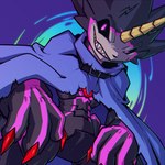 anthro black_body black_nose black_sclera black_skin cape claws clothing evil_grin fingers grey_body grey_skin grin horn male markings purple_eyes purple_markings red_claws sharp_teeth smile solo teeth ridgeone1 bandai_namco digimon digimon_ghost_game digimon_(species) gulusgammamon 1:1 2023 digital_media_(artwork) hi_res