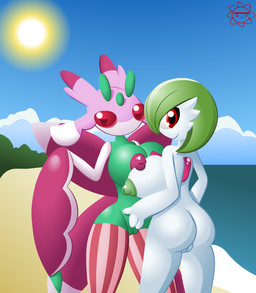 anthro areola beach big_breasts breast_squish breasts breasts_frottage butt detailed_background duo female female/female genitals green_areola green_body green_hair green_nipples hair inverted_nipples looking_at_viewer looking_back nipples outside pink_areola pink_body pink_nipples rear_view red_body red_eyes sand sea seaside sky smile squish stripes sun vulva water white_body screwroot nintendo pokemon gardevoir generation_3_pokemon generation_7_pokemon lurantis pokemon_(species) 2016 digital_media_(artwork) hi_res