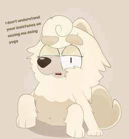 4_fingers annoyed anthro barely_visible_genitalia barely_visible_vulva dialogue female fingers genitals hair looking_at_viewer solo text vulva yoga lexusart616 bluey_(series) wendy_(bluey) canid canine canis chow_chow domestic_dog mammal spitz 2026 digital_media_(artwork) english_text hi_res