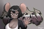 anthro big_breasts black_hair breasts brown_body brown_eyes cleavage clothed clothing female gesture graffiti hair lipstick looking_at_viewer makeup solo waving waving_at_viewer waving_hand pamaht9 mammal murid murine rat rodent 3:2 hi_res signature spanish_description