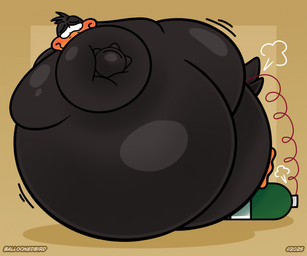 4_fingers air_ballooning air_inflation air_tank anal anal_penetration anthro avian_feet beak black_body copyright_symbol feathers fingers hose immobile inflation male moobs orange_beak penetration simple_background solo symbol tail tail_feathers tan_background balloonedbird looney_tunes warner_brothers daffy_duck anatid anseriform avian bird duck 2025 hi_res shaded