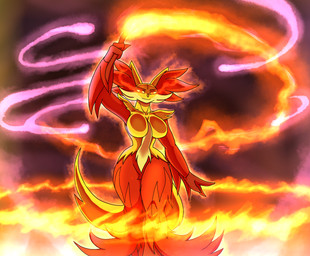 anthro aura big_breasts breasts cheek_tuft elemental_manipulation facial_tuft female female_anthro fire fire_manipulation fur glowing glowing_eyes holding_object holding_stick holding_wand looking_at_viewer magic red_body red_fur red_nose solo standing stick tail tuft wand wide_hips yellow_body yellow_fur pablozillarex nintendo pokemon delphox generation_6_pokemon pokemon_(species) hi_res
