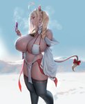 big_breasts blonde_hair bottomwear breasts cellphone clothing cowbell ear_piercing ear_ring electronics female hair huge_breasts legwear loincloth phone piercing ring_piercing solo thigh_highs eu03 animal_humanoid bovid bovid_humanoid bovine bovine_humanoid cattle_humanoid humanoid mammal mammal_humanoid hi_res