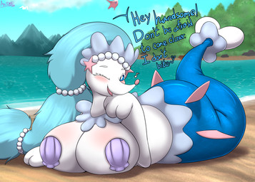 anthro beach big_breasts big_butt blue_eyes blue_hair blue_sky blush bra breasts butt clothing dialogue female gem hair huge_breasts long_hair lying mermaid_tail on_front one_eye_closed outside pasties pearl_(gem) pearl_hair_ornament plant seashell_bra seashell_pasties shell sky solo text tree underwear water white_body wink an-tonio nintendo pokemon generation_7_pokemon pokemon_(species) primarina 2025 absurd_res digital_media_(artwork) english_text hi_res