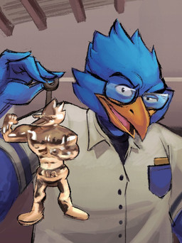 anthro beak clothing eyewear glasses gold_(metal) male shirt solo topwear atr111um 24_karat_gold_labubu_(meme) deltarune undertale_(series) berdly avian bird bluebird labubu lightner oscine passerine thrush_(bird) meme
