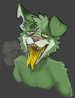 anthro arm_tuft bodily_fluids cheek_tuft drooling facial_tuft fangs floppy_ears forked_tongue front_view fur glistening glistening_eyes green_body green_fur grey_background head_tuft male mouth_shot narrowed_eyes notched_ear nude open_mouth saliva saliva_on_chin saliva_on_tongue saliva_string shoulder_tuft simple_background solo teeth tongue tongue_out tuft unsigned yellow_eyes yellow_teeth yellow_tongue acidic species_request bust_portrait colored_sketch portrait sketch