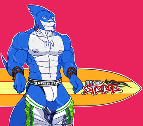 anthro barazoku belly black_eyes blue_body bottomwear bottomwear_down clothed clothing fang_necklace fin fin_piercing furgonomic_piercing furgonomics gills jockstrap male muscular muscular_male partially_clothed piercing shorts shorts_down simple_background solo surfboard surfer swimming_trunks swimming_trunks_down swimwear text text_on_clothing text_on_underwear underwear underwear_under_swimwear wet wet_clothing white_belly white_clothing white_jockstrap white_underwear mindmechanica thresher_(mindmechanica) aquatic fish shark 2020 hi_res