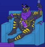 anthro black_body black_fur blue_sofa bodily_fluids closed_smile cum cum_drip dripping erection fur furniture genital_fluids genitals hemoth holding_glass holding_object holding_wine_glass male markings mouth_closed penis purple_penis sitting smile sofa solo striped_body striped_fur stripes yellow_markings yellow_sclera greensadpixel bastian_b._hemoth digital_media_(artwork) hi_res pixel_(artwork)