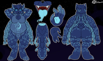 anthro blue_body male mouth_shot open_mouth runes solo tentacles vvitchpunk ku'rei canid canine mammal 5:3 hi_res model_sheet