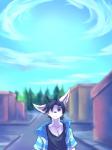 adolescent anthro big_ears black_hair building chest_tuft clothing cloud day detailed_background forest fur hair house jacket male outside pavement plant road shirt sky solo tank_top topwear tree tuft white_body white_fur young shirokoi repeat_(visual_novel) euca_(repeat) mammal 2016 3:4 hi_res