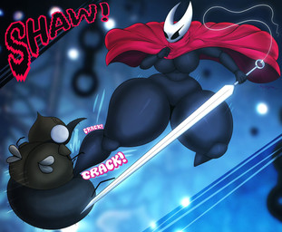 2_horns anthro attack big_breasts biped black_body black_eyes breasts chain cloak clothing duo exclamation_point eyelashes female fingers holding_melee_weapon holding_object holding_weapon horn hornet's_needle kick looking_at_another male melee_weapon nail_(weapon) red_cloak red_clothing sound_effects text thick_thighs thread weapon wings nightlyflare hollow_knight:_silksong hollow_knight_(franchise) team_cherry hornet_(hollow_knight) arthropod insect 2025 hi_res