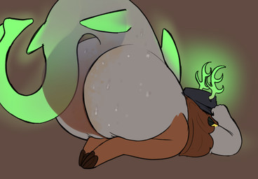 anthro antlers big_butt bodily_fluids brown_hair butt clothing embarrassed female green_antlers grey_body grime hair hat headgear headwear hooves horn huge_butt hyper hyper_butt shark_tail smelly smelly_butt solo stink_fumes sweat sweatdrop sweaty_butt unguligrade anonymous_artist aquatic deer fish hybrid mammal shark hi_res