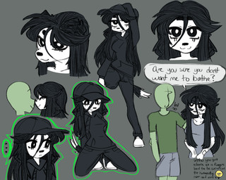 1_eye anthro black_body black_eyebrows black_eyes black_fur black_hair black_nose blush boop bottomwear breasts clothing dialogue dipstick_tail dirty duo ellipsis eyebrows eyelashes eyeless eyes_closed female floppy_ears footwear fur glowing green_body green_glow green_skin grey_background hair hair_over_eye hand_above_head hand_in_pocket hand_on_leg hand_on_shoulder hands_behind_back holding_leg_up hoodie implying kneeling long_hair looking_aside looking_at_another looking_at_viewer looking_down male markings multicolored_body multicolored_fur nose_to_nose on_one_leg one_eye_obstructed open_mouth pants plantigrade pockets pupils raised_arm raised_leg shirt shoes shorts simple_background smile solo speech_bubble spread_legs spreading standing tail tail_markings text topwear two_tone_body two_tone_fur white_body white_fur white_pupils thighlordash anon bridgette_(thighlordash) canid canine canis domestic_dog human hunting_dog mammal terrier 5:4 english_text full-length_portrait headshot_portrait portrait