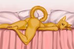 anthro bed black_eyes bodily_fluids butt female fingering fingering_self fur furniture genital_fluids genitals inner_ear_fluff looking_back lying masturbation on_bed on_front pawpads pillow pink_pawpads pink_pussy pussy pussy_juice_on_hand raised_tail solo tail tuft vaginal vaginal_fingering vaginal_fluids vaginal_masturbation yellow_body yellow_fur yellow_sclera butterflysneeze microsoft prequel_adventure the_elder_scrolls katia_managan felid khajiit mammal digital_media_(artwork) digital_painting_(artwork) painting_(artwork) shaded