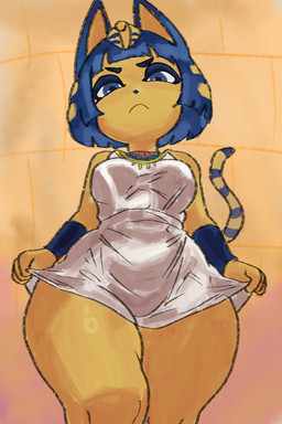 accessory anthro armor bangs blue_ears blue_eyebrows blue_eyes blue_eyeshadow blue_hair blue_tail_tip breasts clothed clothed_anthro clothed_female clothing curvy_figure dipstick_tail dress egyptian eyebrows eyeshadow female female_anthro glare glaring glaring_at_viewer hair huge_thighs looking_at_viewer makeup markings mouth_closed narrowed_eyes short_hair solo striped_markings striped_tail stripes tail tail_markings thick_thighs uraeus usekh vambrace white_clothing white_dress white_sclera yellow_body yellow_inner_ear dumbwitchyy animal_crossing nintendo ankha_(animal_crossing) domestic_cat felid feline felis mammal 2:3