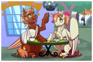 border broken_wing brown_body brown_feathers cast duo feathered_wings feathers feet female fur green_eyes hair hooves mane medical_sling short_hair short_tail tail tan_body tan_feathers toes white_border wings writing_in_notebook inuhoshi-to-darkpen hasbro my_little_pony mythology faith_everlasting golden_flare equid equine horse mammal mythological_creature mythological_equine pegasus pony 2025 hi_res nonbinary_(lore)