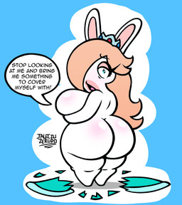 anthro bangs big_breasts big_butt black_eyebrows blue_background blue_eyes blush body_blush breast_blush breasts butt butt_blush clothing clothing_on_ground commanding_viewer crown crown_only curvy_figure dress exclamation_point eye_through_hair eyebrow_through_hair eyebrows eyelashes eyelashes_through_hair featureless_legs female female_anthro frown fur gem hair hair_over_eye headgear headgear_only holding_breast huge_butt huge_thighs lidded_eyes light long_ears long_hair looking_at_viewer noseless nude nude_anthro nude_female open_frown open_mouth ruby_(gem) sapphire_(gem) simple_background solo standing talking_to_viewer tan_body tan_eyelids tan_skin teal_clothing teal_dress text thick_thighs torn_clothing torn_dress translucent translucent_hair white_body white_fur yelling yelling_at_viewer jaleczu mario_bros mario_plus_rabbids_sparks_of_hope nintendo raving_rabbids rayman_(series) ubisoft rabbid_rosalina lagomorph mammal rabbid 2026 artist_name colored crossover digital_drawing_(artwork) digital_media_(artwork) english_description english_text hi_res lighting