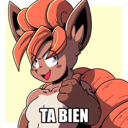 4_fingers anthro anthrofied blush blush_lines breasts brown_body brown_eyes brown_fur brown_nose countershade_torso countershading dialogue eyebrows eyelashes fangs featureless_breasts female fingers fluffy fur lips lipstick long_ears long_tail looking_at_viewer makeup muscular muscular_anthro muscular_female open_mouth orange_body orange_fur pokemorph shitpost simple_background small_breasts smile solo tail tan_body tan_countershading tan_fur teeth text tongue yellow_background jisito dragon_ball dragon_ball_z nintendo pokemon flori_(jisito) generation_1_pokemon pokemon_(species) vulpix 1:1 hi_res meme shaded spanish_text translated
