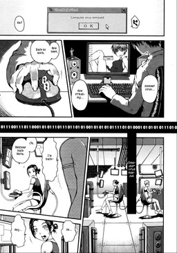 artificial_intelligence binary_code clothed clothing dialogue female hair machine male not_furry open_mouth sitting speech_bubble technology teeth text tongue kyoumoto_takayuki android computer_virus_(species) digital_creature human mammal robot comic english_text greyscale hi_res monochrome