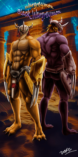 anthro armor belt biped butt claws detailed_background duo hair headgear helmet male male_anthro muscular muscular_anthro muscular_male pecs plantigrade smile teeth text lycanimation bandai_namco digimon mythology blackwargreymon digimon_(species) mythological_creature mythological_scalie reptile scalie wargreymon 1:2 hi_res