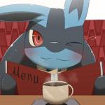 ambiguous_gender anthro beverage black_body black_fur blue_body blue_fur blush clothing coffee container cup date_pov fur happy holding_object long_ears looking_at_viewer one_eye_closed red_eyes sitting smile solo steam wink chigiri nintendo pokemon canid canine generation_4_pokemon lucario mammal pokemon_(species) 1:1 digital_media_(artwork)