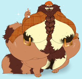 anthro big_breasts big_vulva body_hair braided_hair breasts cleavage clothed clothing facial_hair facial_piercing female genitals hair happy_trail huge_breasts hyper hyper_breasts hyper_genitalia hyper_vulva nipple_piercing nipples nose_piercing nose_ring overweight piercing pubes ring_piercing solo thick_thighs vulva wide_hips milkboners canid canine mammal digital_drawing_(artwork) digital_media_(artwork) hi_res busty_boy_(lore) trans_(lore)