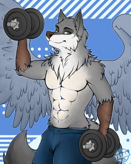 abs anthro athletic athletic_anthro athletic_male athletic_wear biceps biped blue_bottomwear blue_clothing blue_shorts bottomwear clothed clothing countershade_body countershade_face countershade_fur countershade_torso countershading dumbbell exercise feathered_wings feathers fur green_eyes grey_body grey_feathers grey_fur gym_bottomwear gym_shorts hair inner_ear_fluff looking_at_viewer male male_anthro multicolored_body multicolored_fur muscular muscular_anthro muscular_male narrowed_eyes pecs shorts shorts_only simple_background smile solo standing tail topless tuft underwear weightlifting weights white_body white_fur wings workout yasha_the_husky canid canine canis mammal wolf 4:5 digital_media_(artwork) halftone hi_res