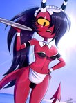 angry bikini black_hair breasts bulge cleavage clothed clothing detailed_bulge eye_scar facial_scar genital_outline gynomorph hair hair_over_eye holding_object holding_tray horn intersex lens_flare long_hair low-angle_view maid_bikini maid_uniform not_furry outside penis_outline red_body red_skin scar sea skimpy_bikini sky small_breasts solo spade_tail sun swimwear tail teeth tooth_gap two-piece_swimsuit uniform water yellow_sclera the-butcher-x helluva_boss sallie_may_(helluva_boss) demon horned_humanoid humanoid imp tailed_humanoid 2023 absurd_res hi_res portrait three-quarter_portrait trans_(lore) trans_woman_(lore)